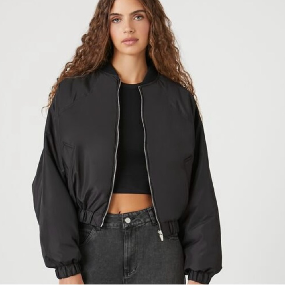 Forever 21 Black Crop Bomber Jacket